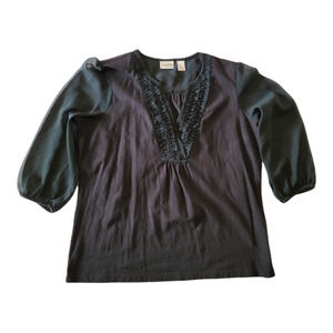Chico’s Size 2 (L/12) Black Mixed Fabric Blouse ¾ sleeve